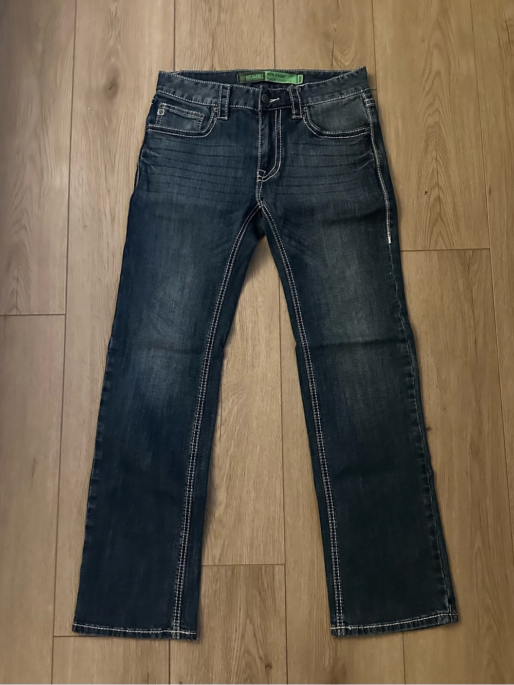 Men's Dark Blue Straight Jeans with Contrast Stitching